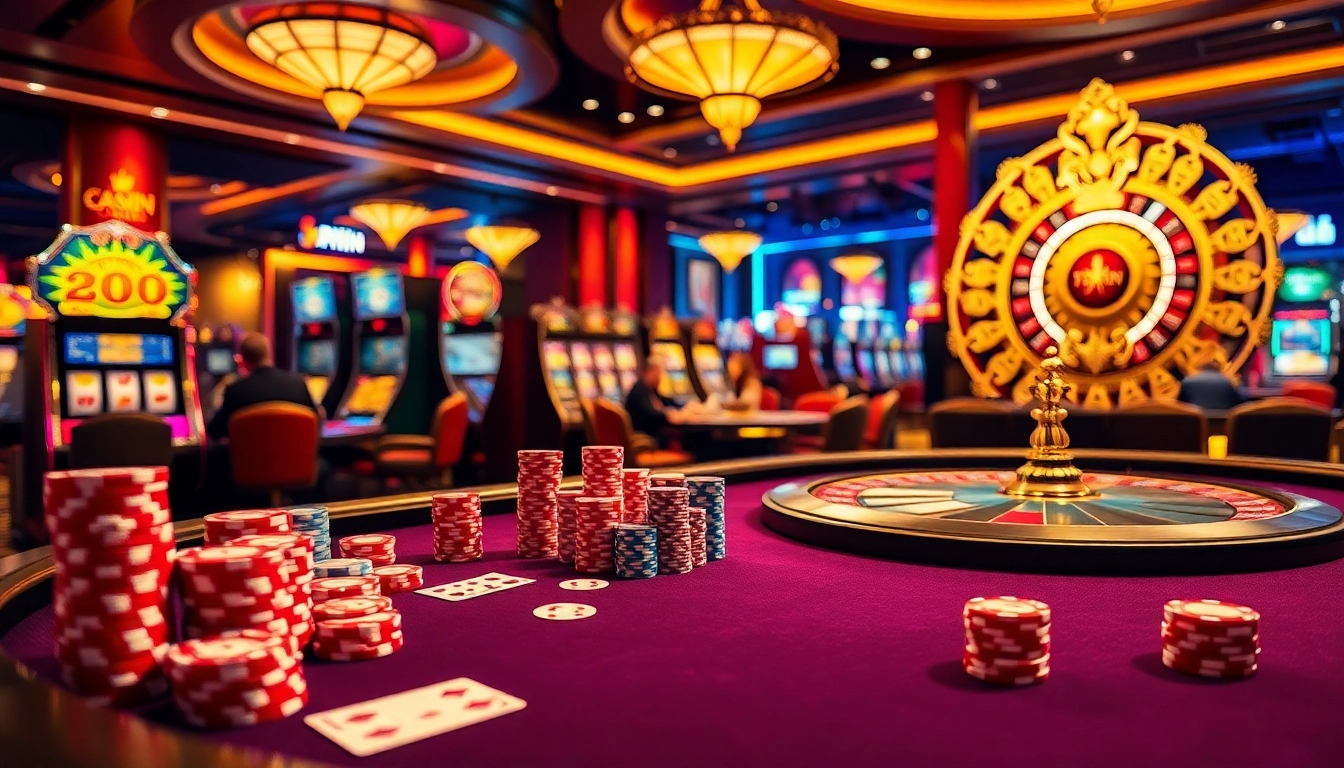 Engaged players at a luxurious 78WIN casino table enjoying poker games amidst vibrant slot machines.