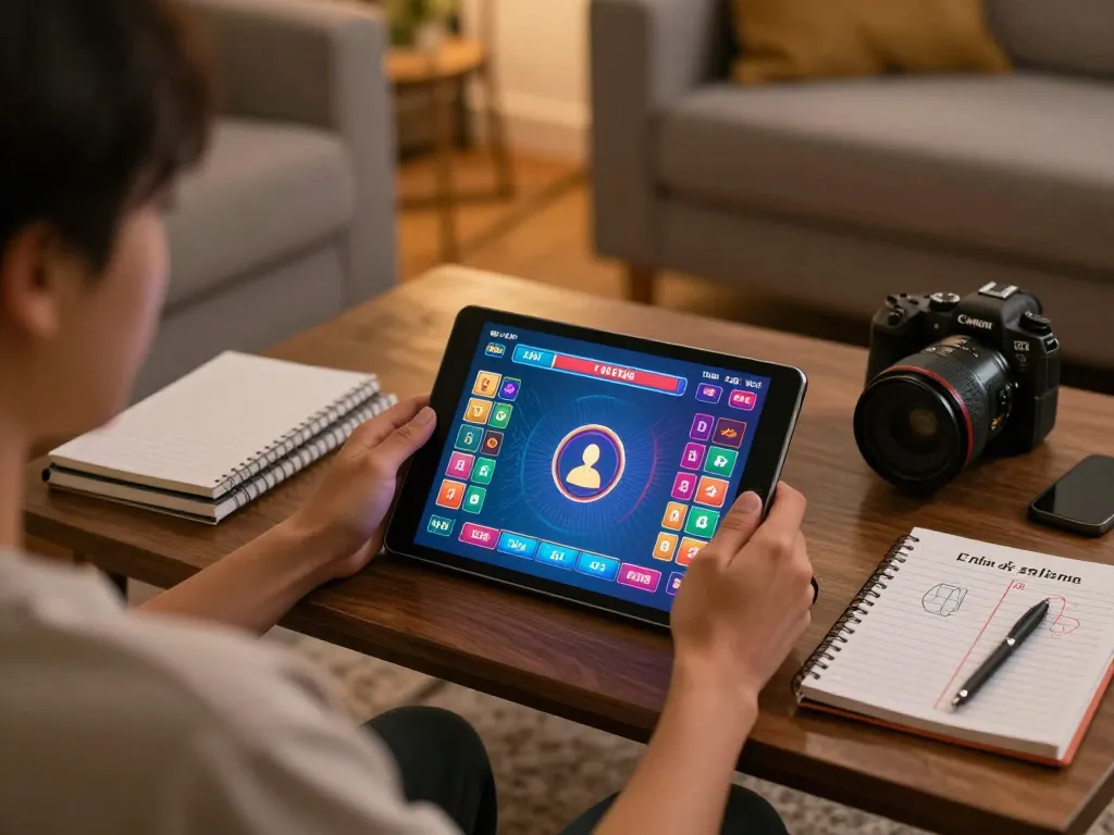 Engaging in tài xỉu online from home, showing a player's tablet and strategy notes in a cozy setting.