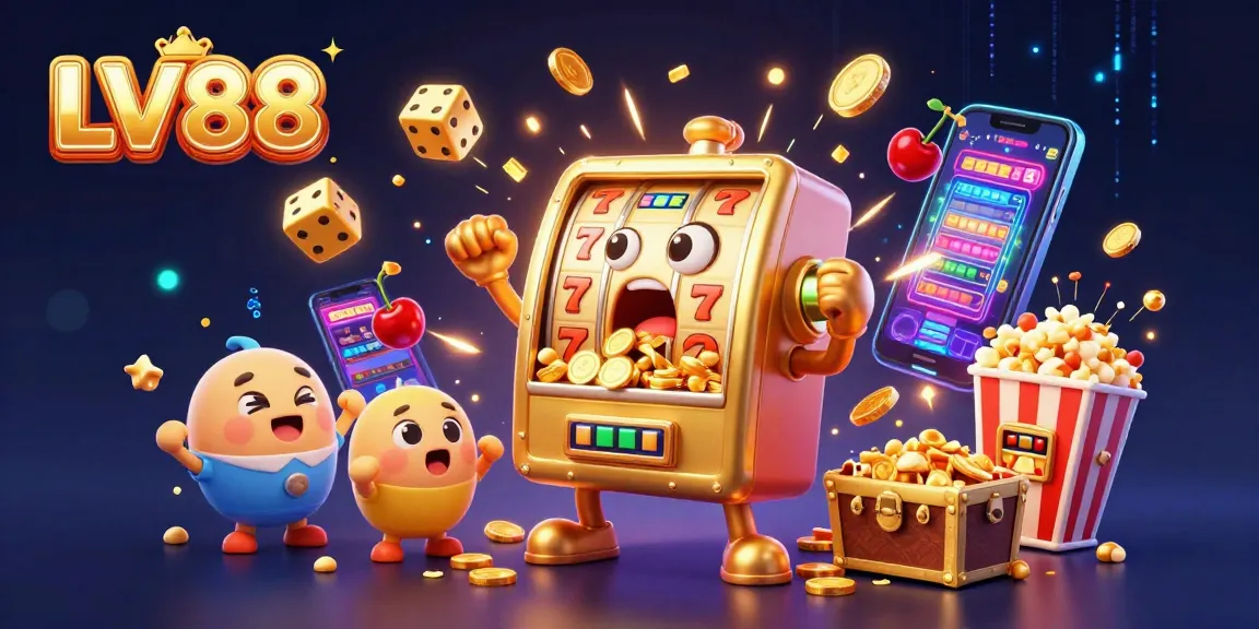 Experience the excitement at LV88, where a golden slot machine hits the jackpot surrounded by coins and festive elements!