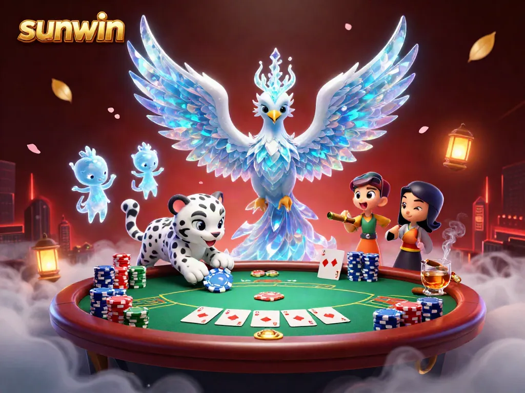 Engage in thrilling poker action with sunwin's illustrated characters and vibrant game elements.