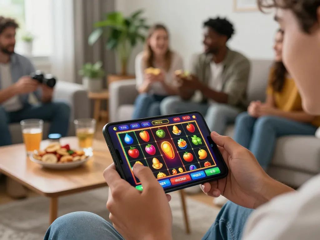 Engaging in mobile gaming on a slot app with Sunwin, showcasing vibrant symbols and casual atmosphere