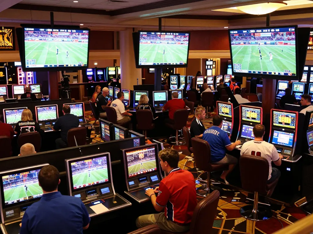 mb66an bettors placing wagers in an exciting sports betting area during a game.