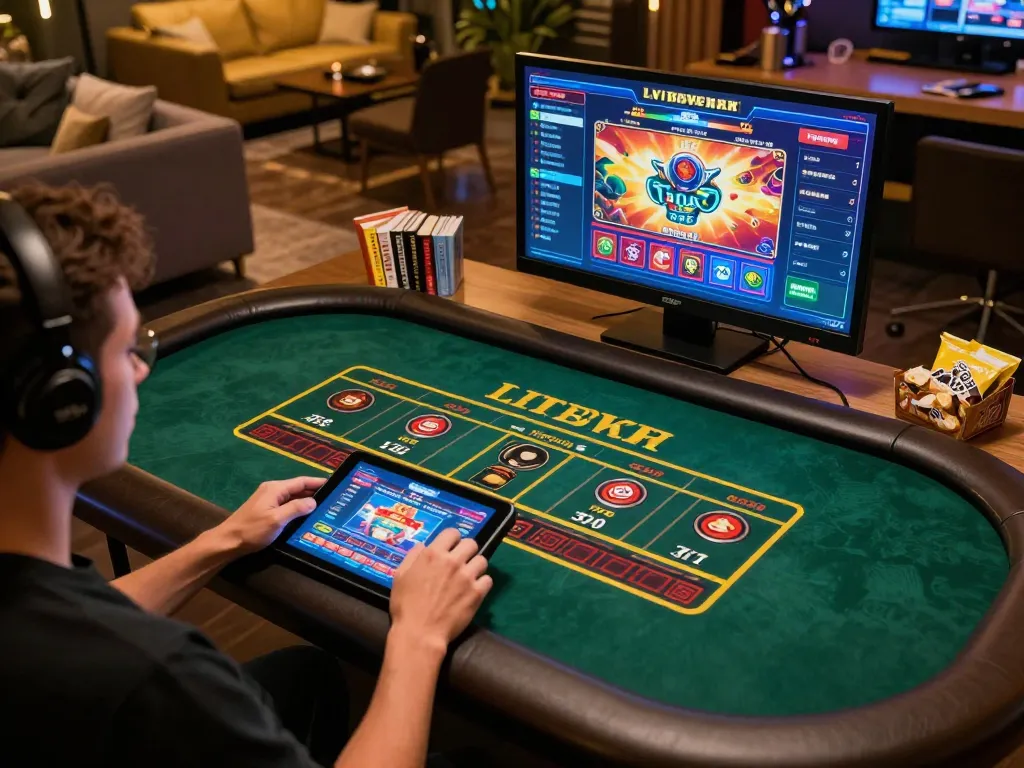Experience online gaming excitement at https://f168.osaka/ with a tablet showcasing diverse casino games in a cozy atmosphere.