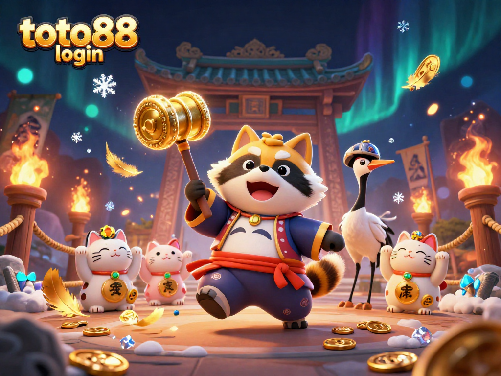 Engage with the vibrant scene of toto 88 login featuring cheerful characters and casino elements amidst swirling golden coins.