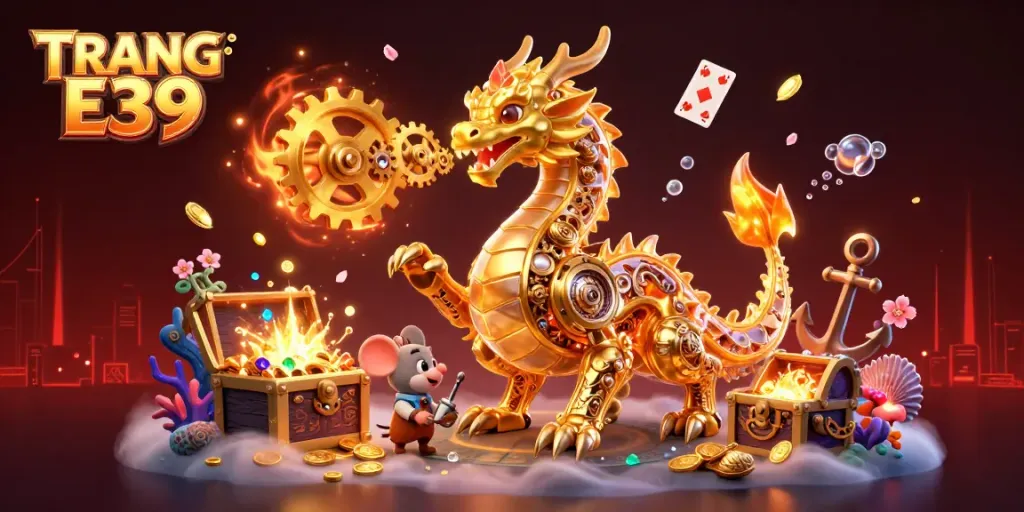 Engage with the thrilling atmosphere of TRANG CHỦ E39, where golden treasures and vibrant gaming elements come alive.