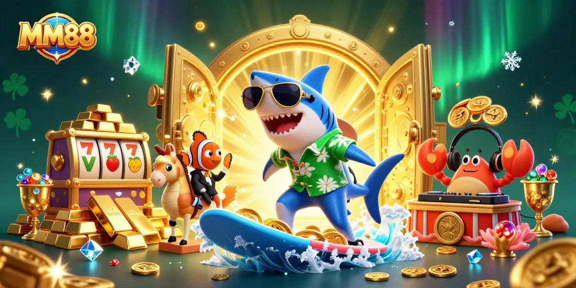 Engage with MM88's exciting slot games featuring a hammer-head shark and treasures in this vibrant casino scene.
