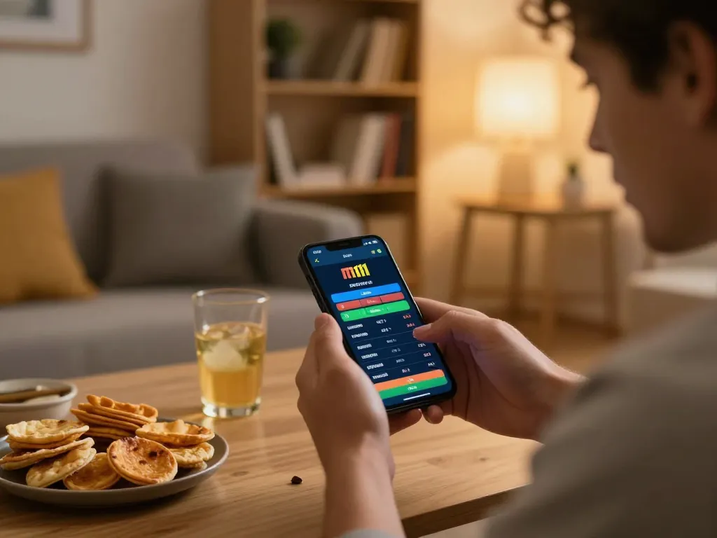 Engaging with m111's online sports betting on a smartphone in a cozy atmosphere.