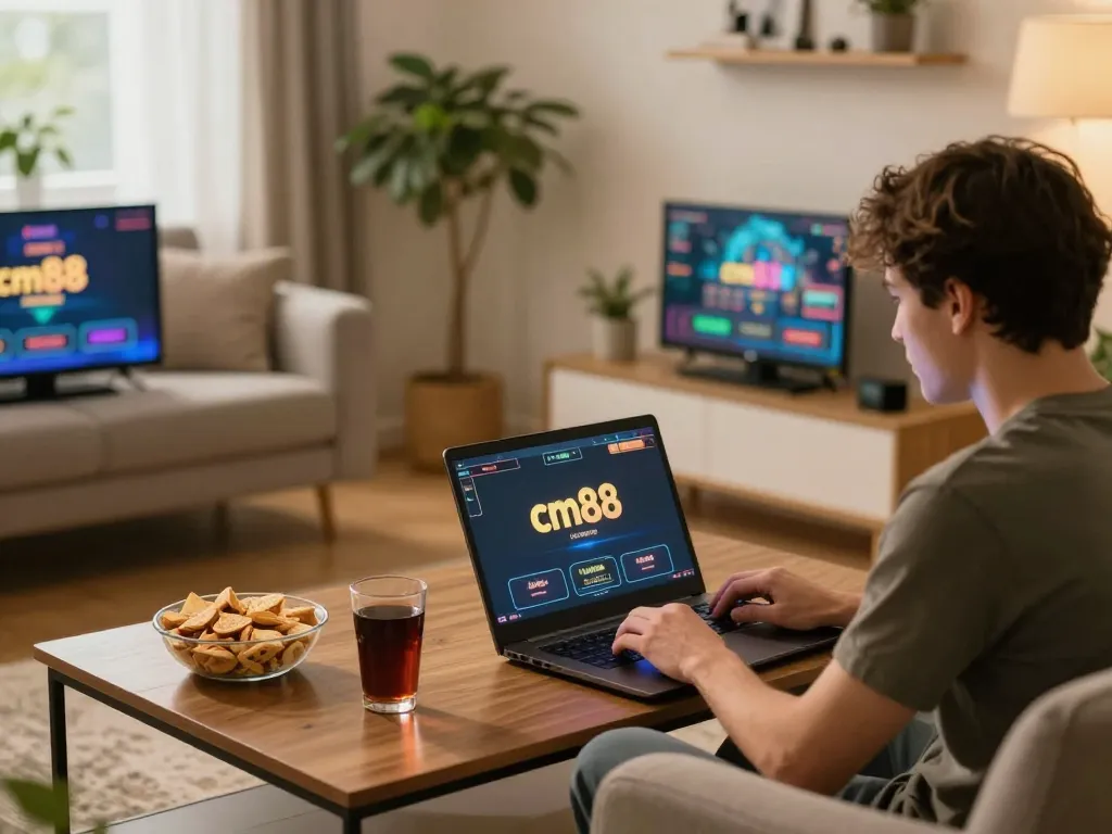 Player enjoying online games at cm88 com in a cozy environment, highlighting strategic gameplay and a comfortable atmosphere