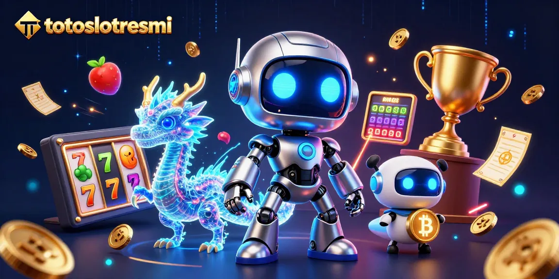 Engage with the thrilling experience of totoslotresmi showcasing a vibrant casino with slot reels and digital characters.