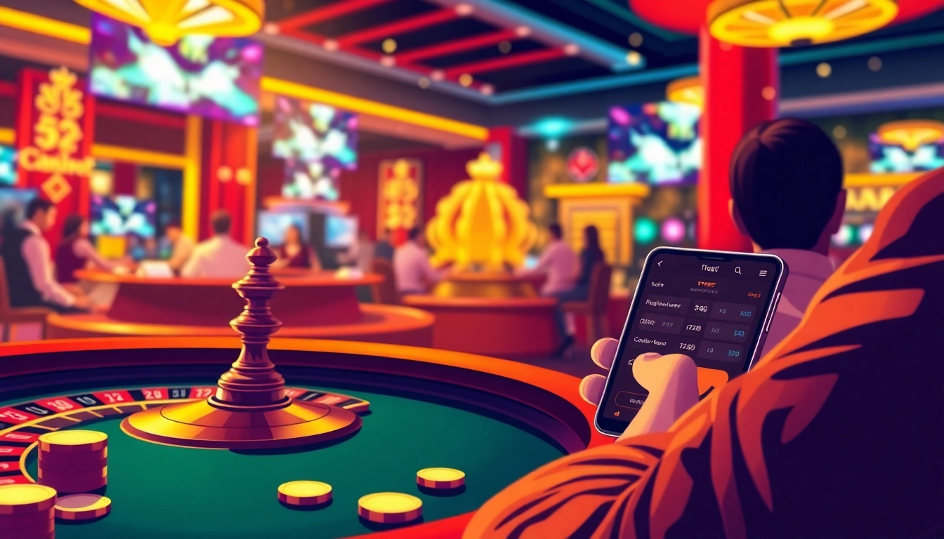 Players enjoying exciting games at Thabet Casino with vibrant tables and digital devices.