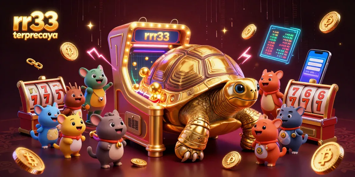 Engage with rr33 terpercaya's thrilling casino experience featuring vibrant slot reels and golden tortoise.