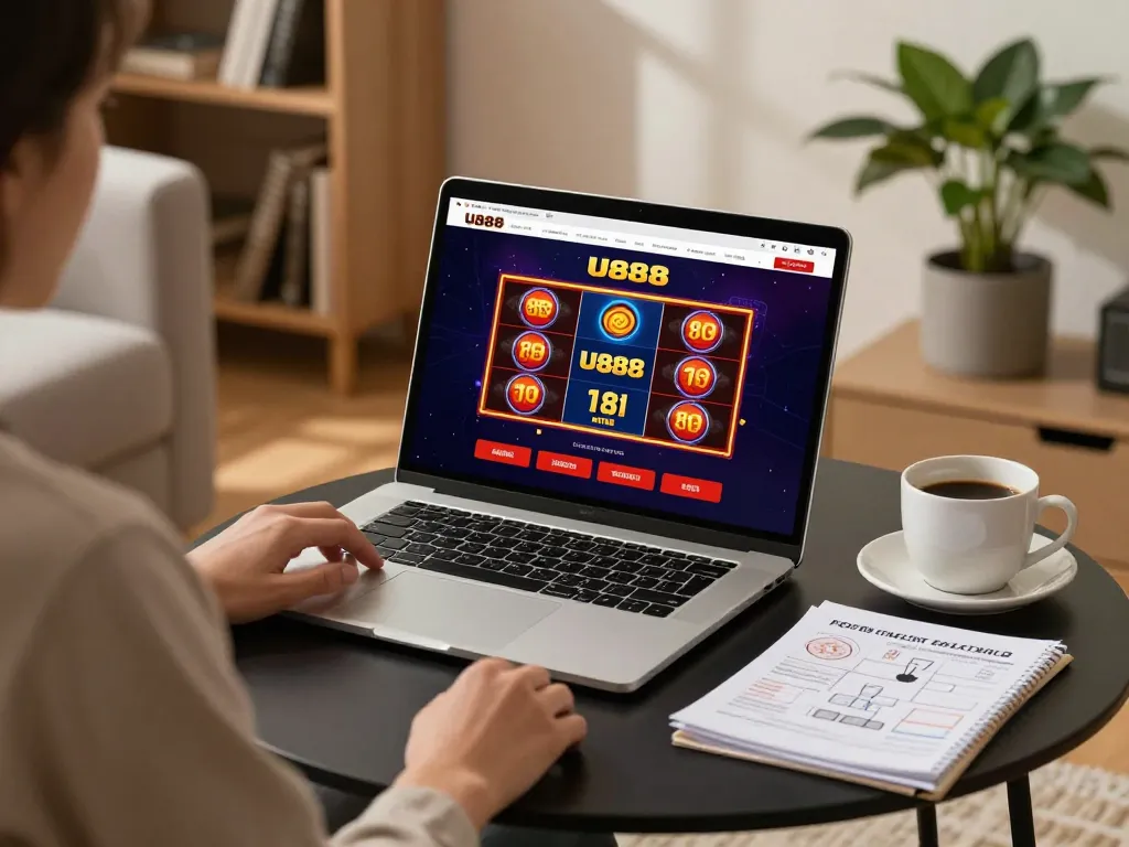 Engaging in online gaming at U888 with vibrant slots displayed on a laptop in a cozy living room.