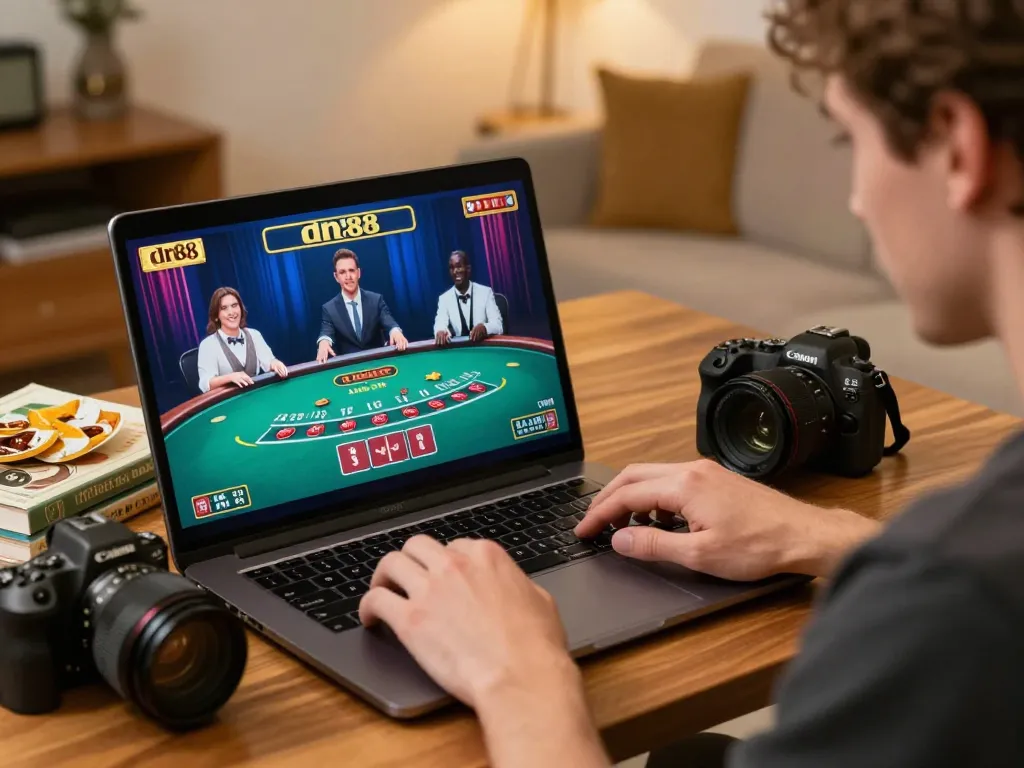 Player engaged in dn88 online blackjack, showcasing live dealer excitement and cozy home ambiance