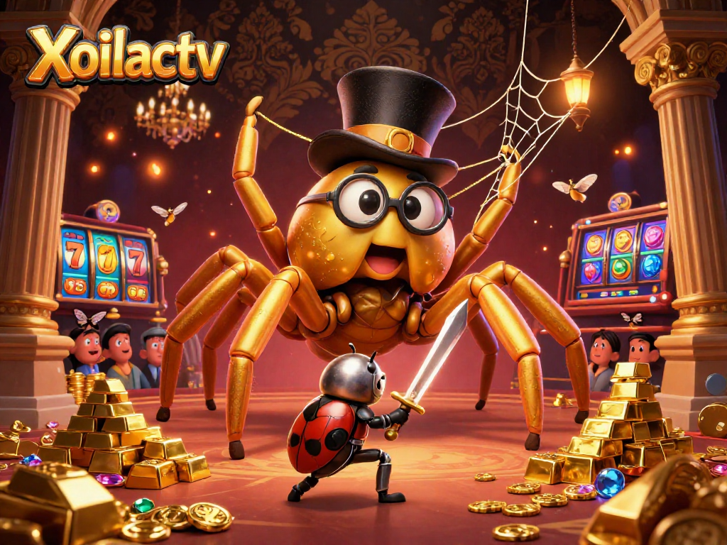 Xoilactv showcases an engaging 3D casino scene with a golden tarantula, beetle knight, and dynamic slot symbols.