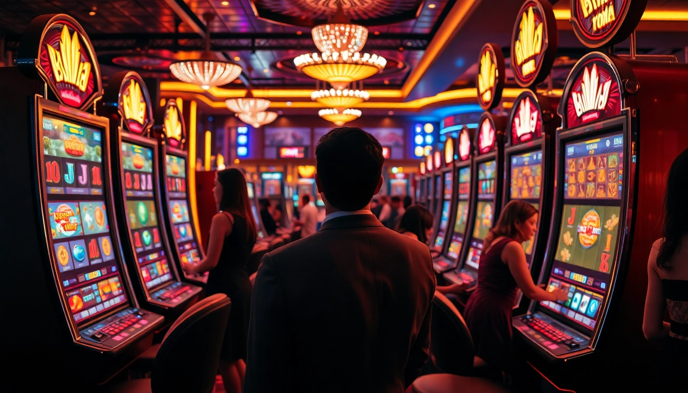 Excited gamblers playing at luxurious 슬롯사이트 slot machines in a vibrant casino environment.