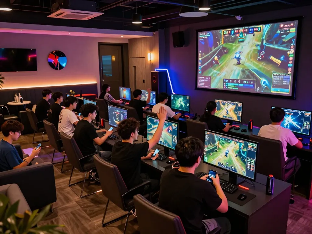 Fans placing bets on esports events at n188 com betting lounge with vibrant screens and exciting atmosphere