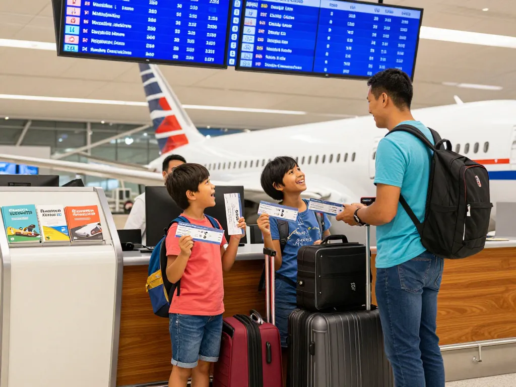 Excited family checking in for their flight on 789P at the airport.