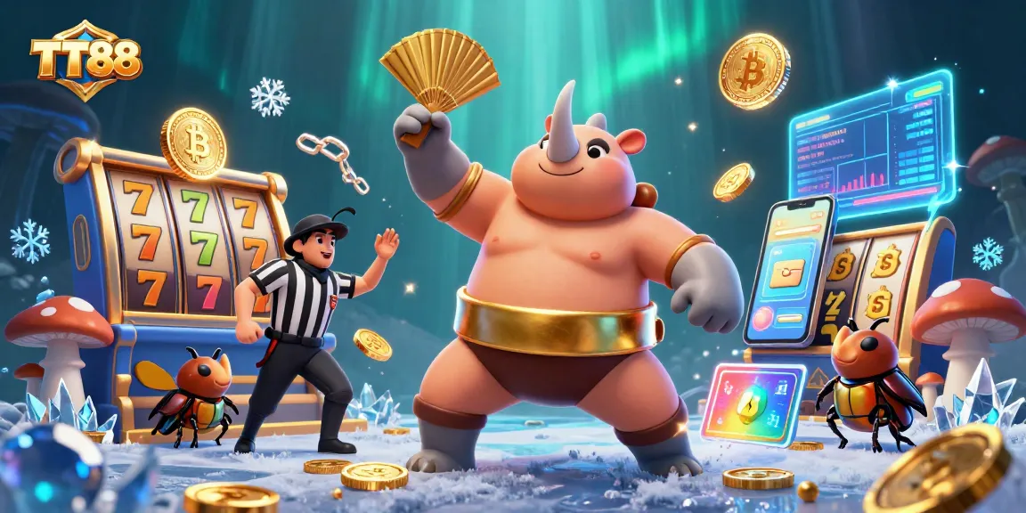 TT88 offers thrilling slot game action with coins and characters in a vibrant casino setting.
