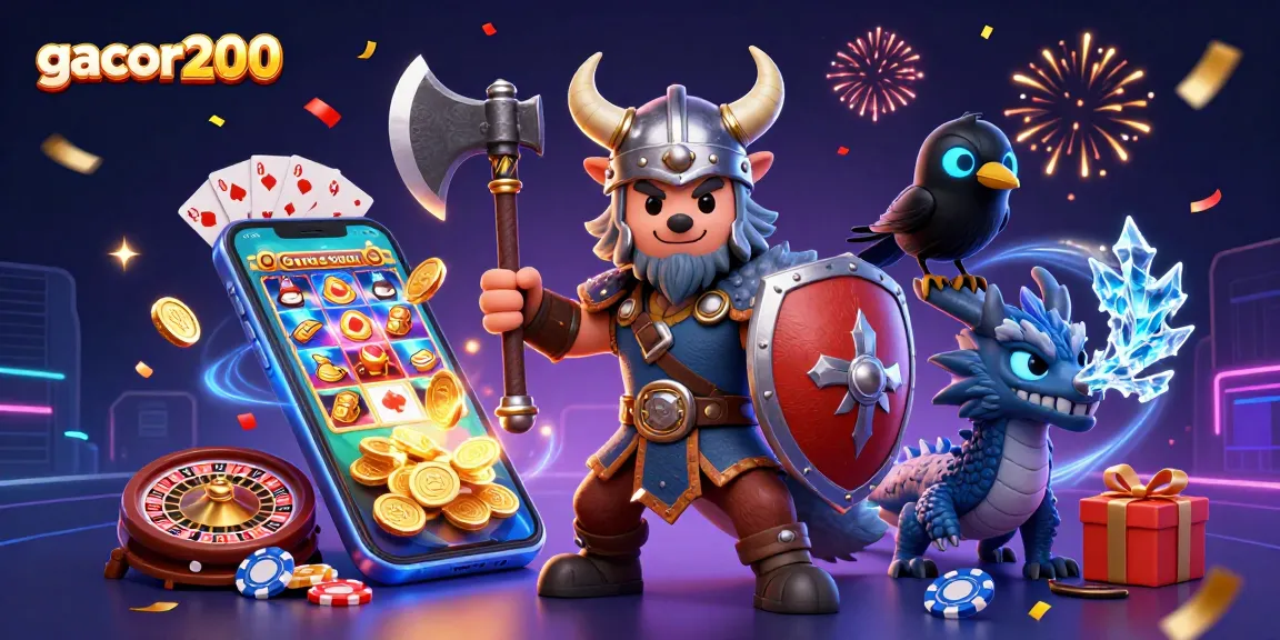 Experience winning spins with gacor200 in a vibrant casino scene featuring a Viking warrior and magical characters.