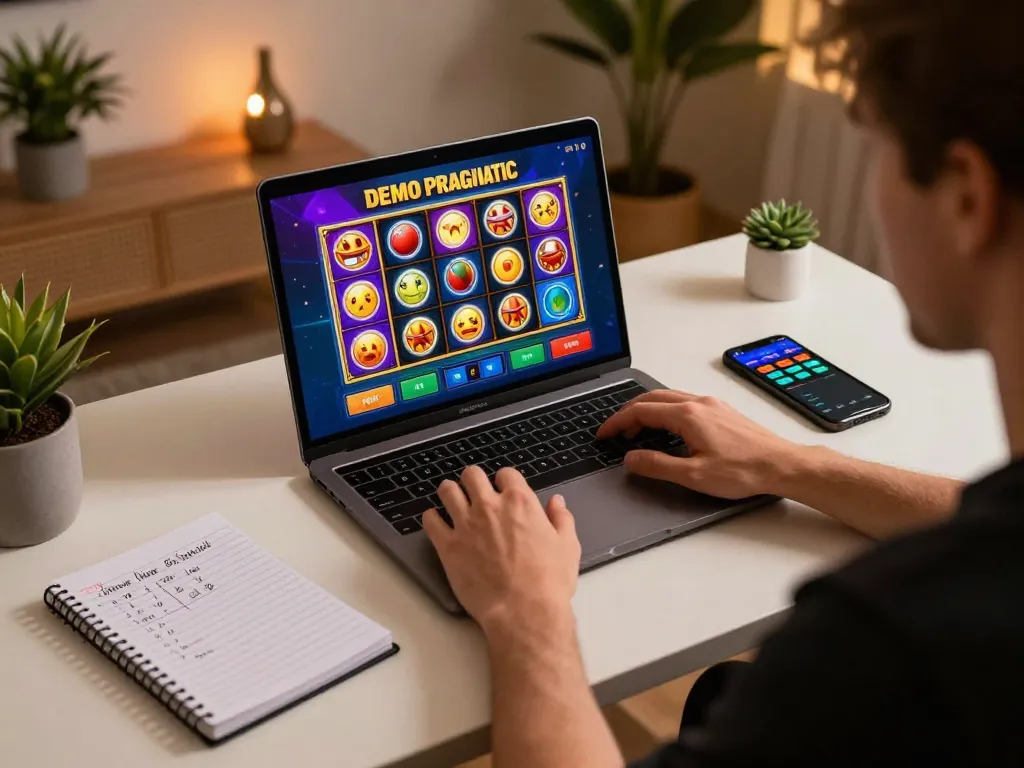 Engaging in Demo Slot Pragmatic game on a sleek laptop while managing bankroll strategies