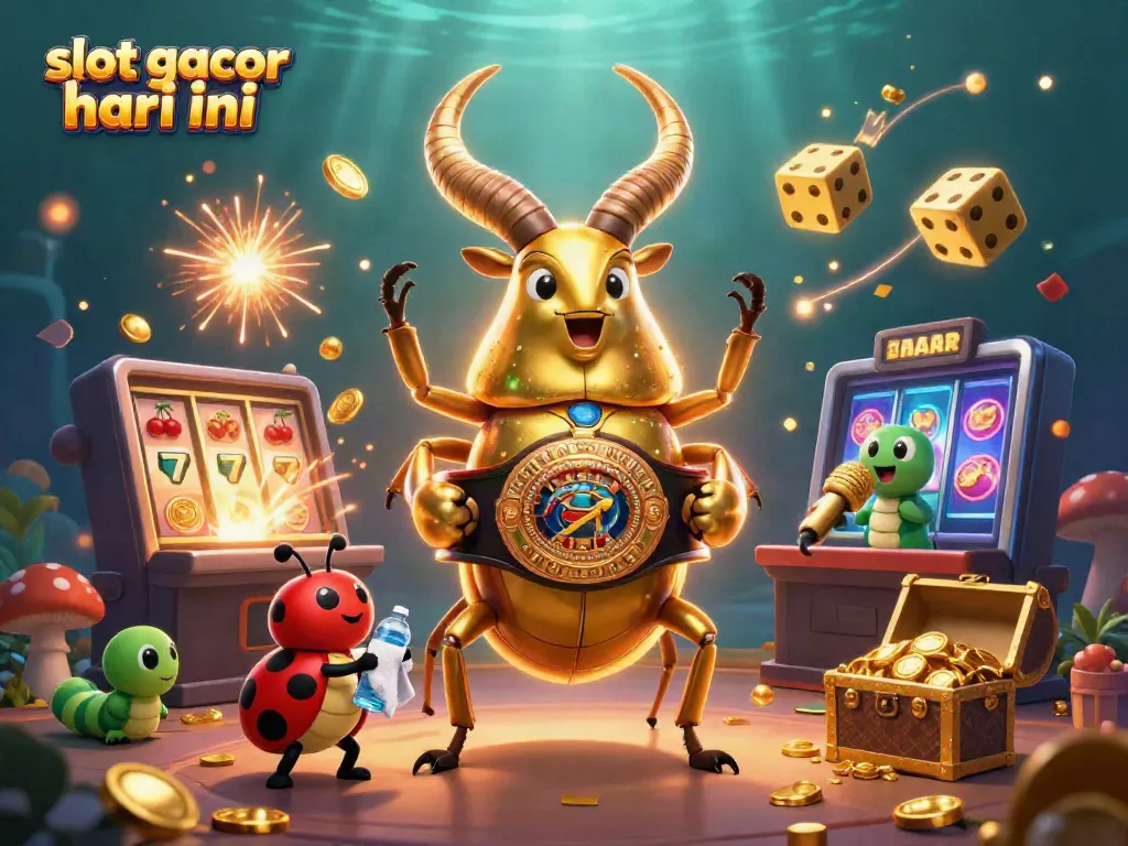 Momen seru di dunia slot gacor hari ini dengan karakter kartun menarik, mesin slot, dan koin melimpah.