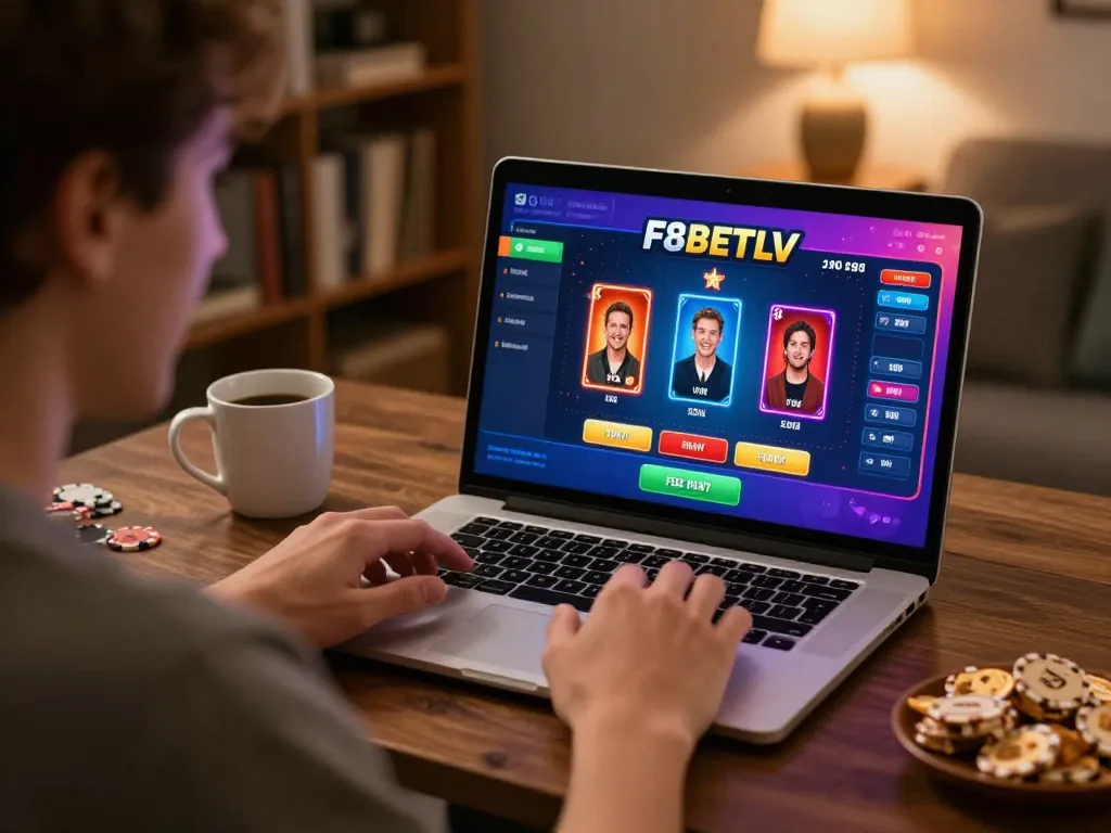 Player enjoying online gambling at f8betlv on a laptop in a cozy home setting