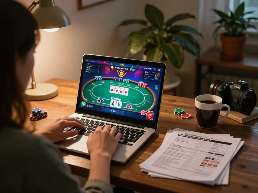 Player engaging in online gaming on qh88eu, focused on poker strategy with notes and laptop.