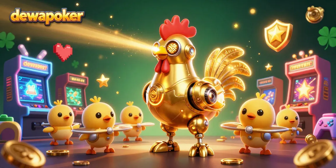 Experience the excitement of dewapoker with a vibrant 3D illustration featuring a golden rooster robot and dynamic gaming elements.