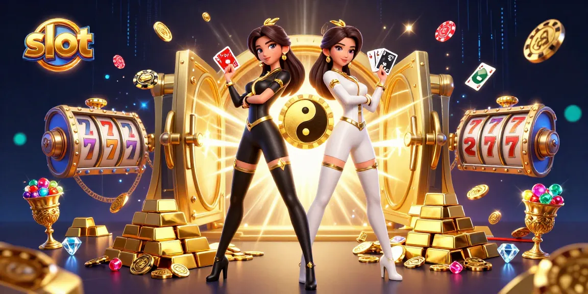 Spin the slot reels with luck as twin Asian women pose with cards amidst treasures.