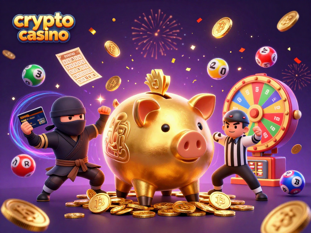 Experience the excitement of a crypto casino with festive characters and elements in action.