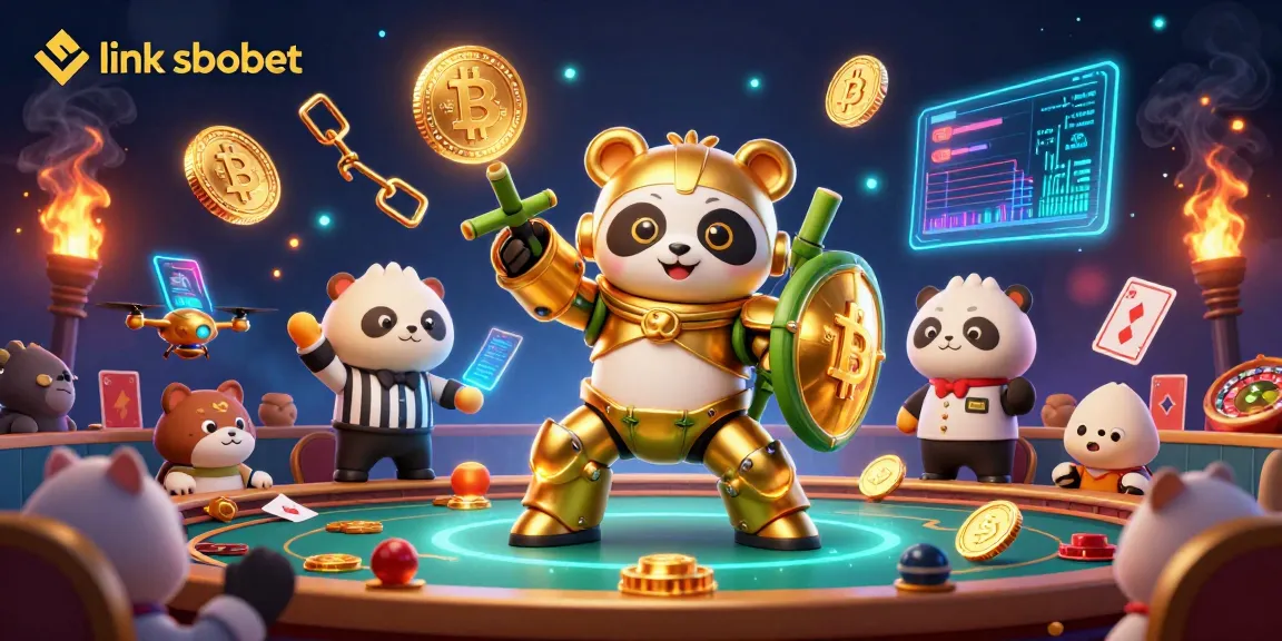 Win big at link sbobet with a thrilling scene of a golden panda in a mech suit amidst vibrant casino games.
