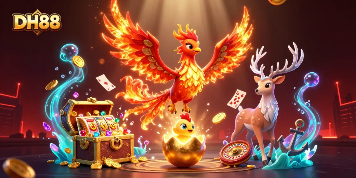 Experience thrilling wins at DH88 with vibrant slots and gaming adventures in a surreal illustration.