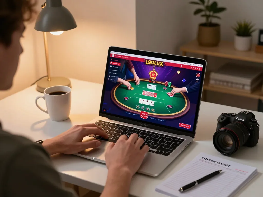 Engaged player using LGOLUX online casino interface while studying poker strategies at home.