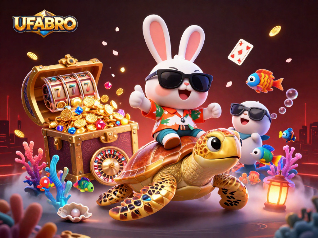 Bet big with UFABRO's dynamic 3D illustration featuring a lucky rabbit and a golden sea turtle.
