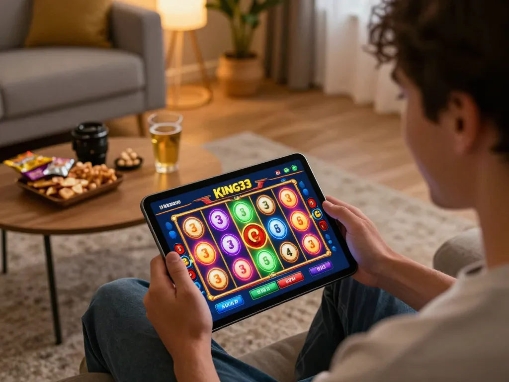 Engaging moment playing king33 online casino app with snacks in cozy living room.