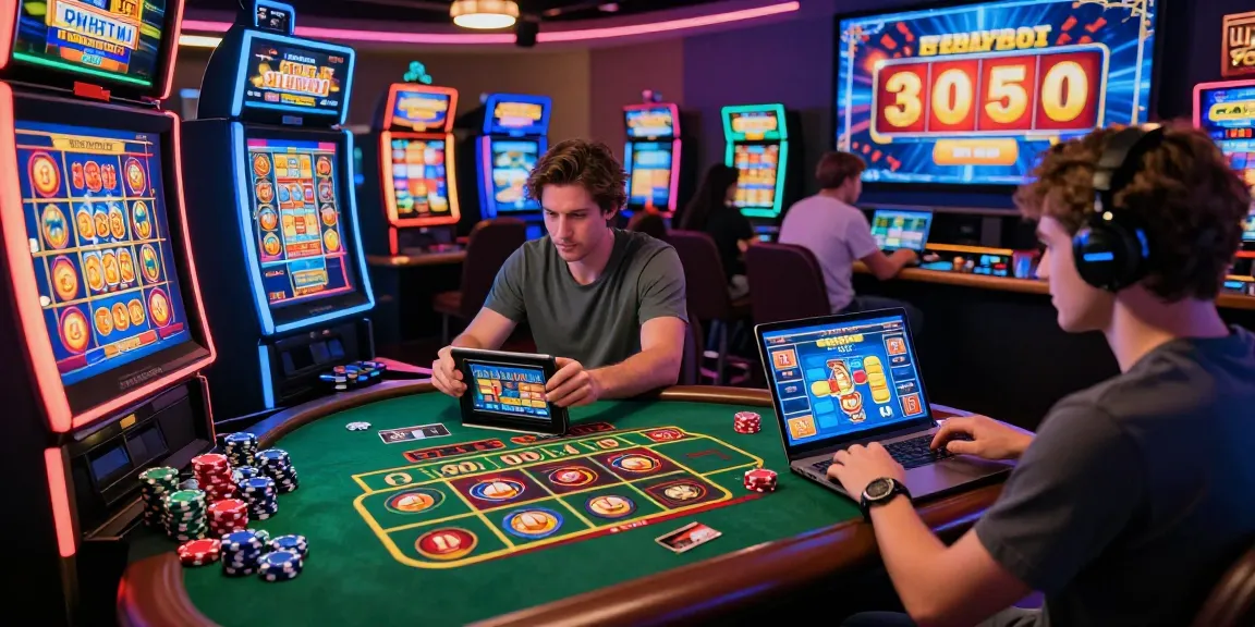 Exciting gaming scene at credit card casinos for UK players on https://euf.co.uk, showcasing diverse players using various devices to enjoy slots and live dealer games.