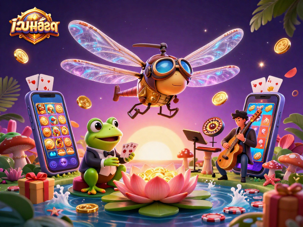 Engage in เว็บสล็อต with dynamic 3D illustration of a casino scene, showcasing a dragonfly pilot, frog croupier, and jazz musicians.