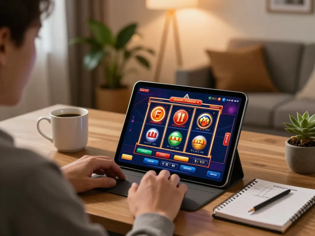 Nk88 win showcased in a cozy gaming setup with a player engaging in a dynamic online slot game.