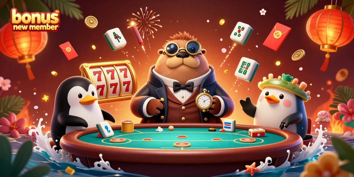 Experience the exciting bonus new member offer with a whimsical casino scene featuring unique characters.