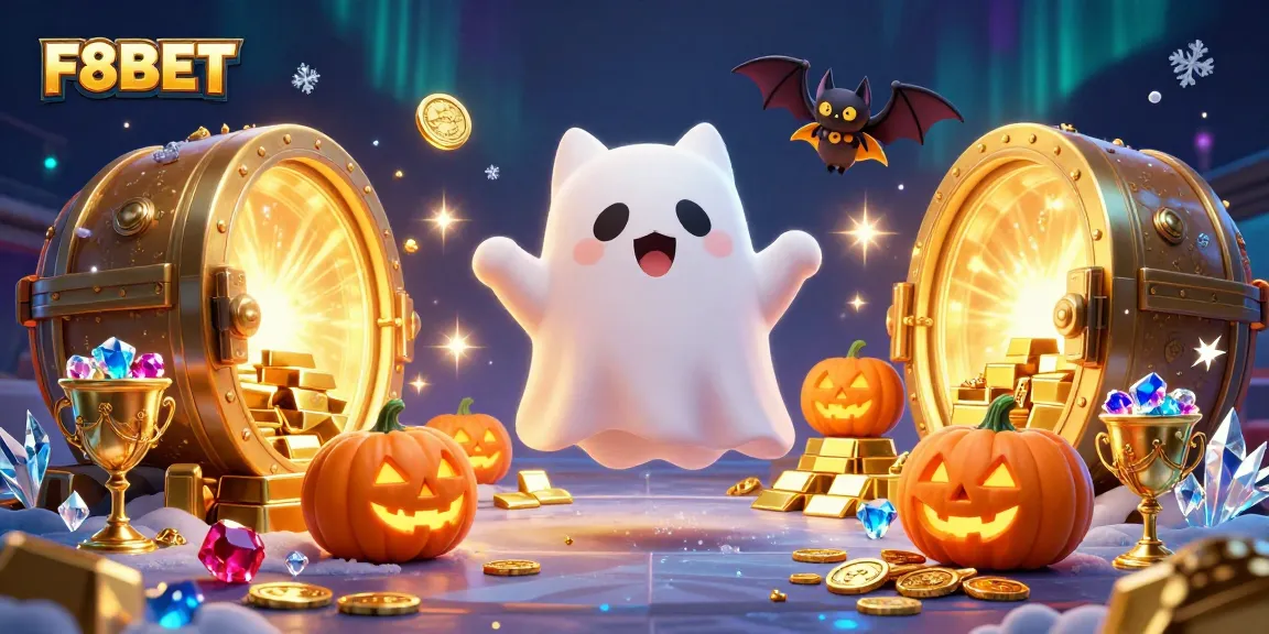 Play exciting games and win big at F8BET, featuring a ghost cat and vampire bat in a saturated casino scene.