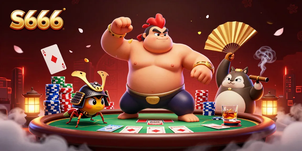 S666 showcases an action-packed poker scene featuring a sumo wrestler rooster, a samurai cricket, and a tanuki announcer.