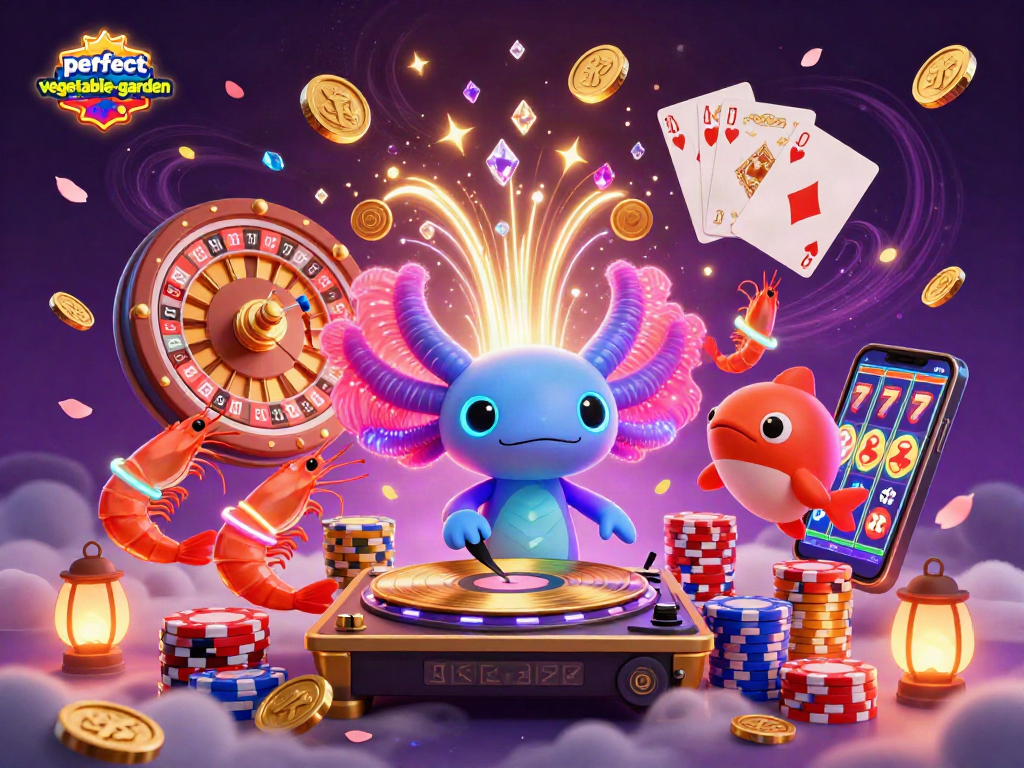 Engage in a vibrant casino scene with perfect-vegetable-garden characters spinning records amidst gold coins and glowing elements.