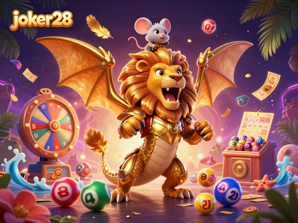Experience the thrill of joker28 in this 3D vibrant lottery scene filled with action and excitement.