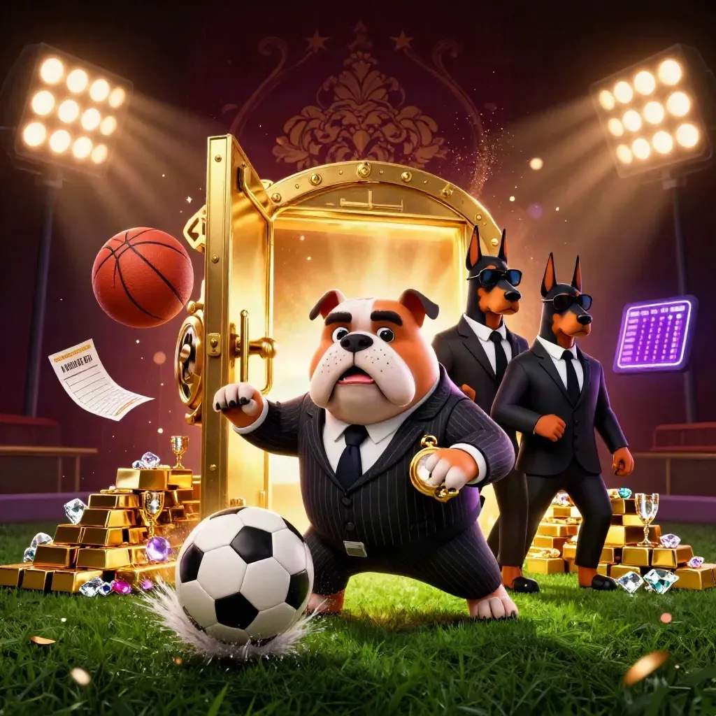 Ground-level cartoon bulldog mafia boss, Dobermans, flying soccer ball, gold vault, casino glow