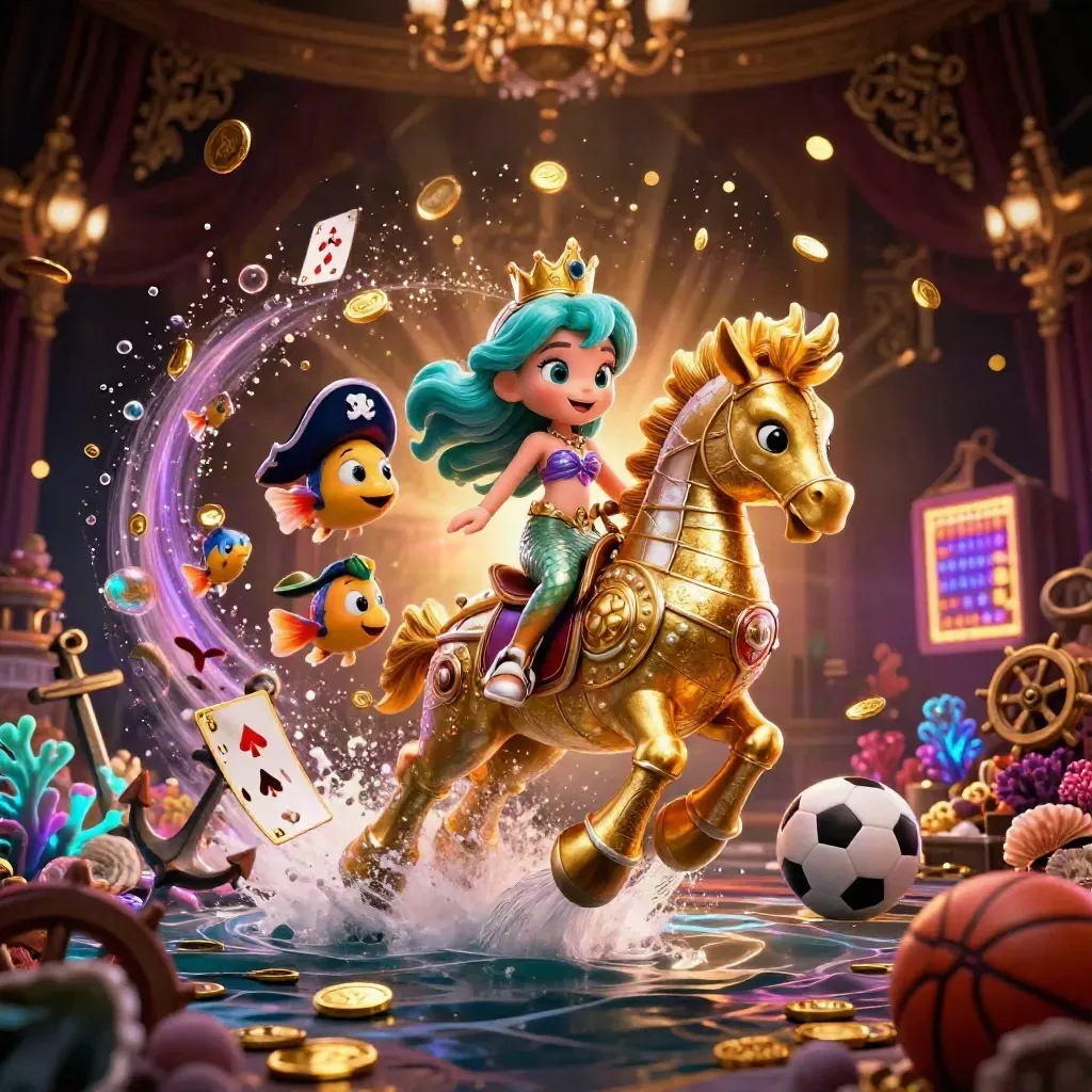 Mermaid princess on armored seahorse amid coins, cards, fish, and glowing undersea treasure