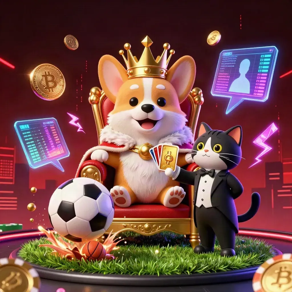 Royal corgi and cat butler amid flying balls, coins, and neon casino energy.