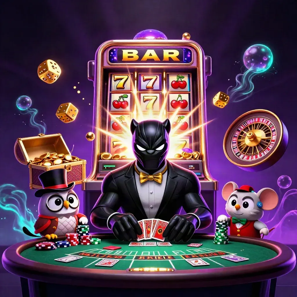 Panther, owl, and mouse amid slot jackpot bursts in a glowing casino room.