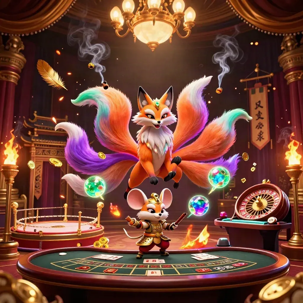Nine-tailed fox spirit and armored mouse amid casino relics, roulette, and chandelier smoke, neon-lit.