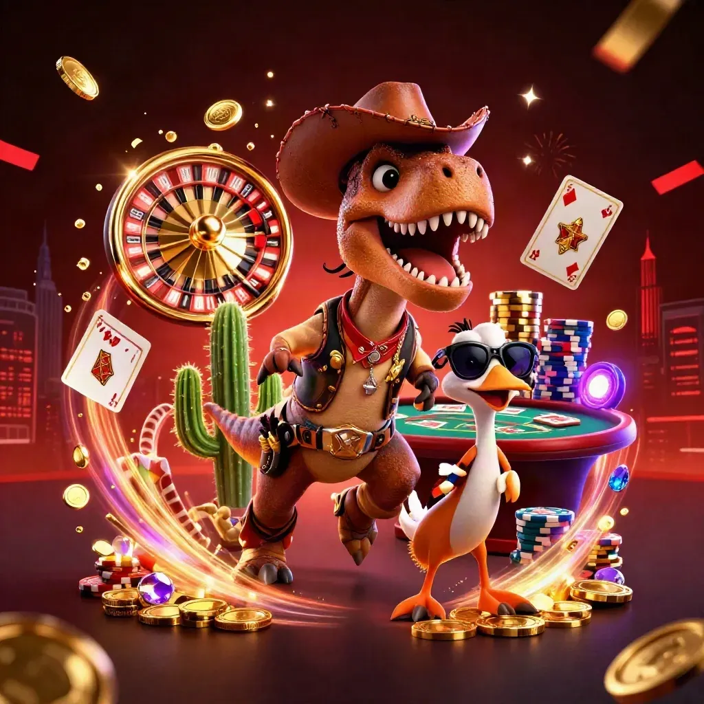 Cowboy T-Rex crew amid coins, gems, roulette, chips, confetti, and neon casino smoke