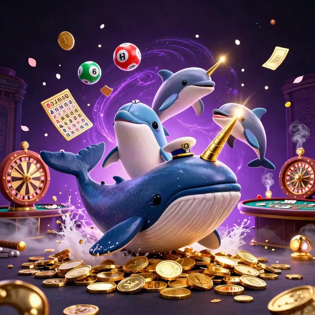 Whale captain, narwhal, and dolphins in a neon casino sea of coins, wheels, and glowing magic.